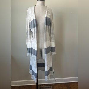 Cabi Striped Open Front Cardigan Sweater - Gray and White
